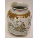 Japanese porcelain vase on three stud feet decorated with Samurai in a landscape setting with