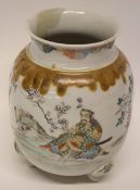 Japanese porcelain vase on three stud feet decorated with Samurai in a landscape setting with