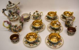 Capo di Monte Naples tea set comprising coffee pot, tea pot, sugar bowl, milk jug, six cups and