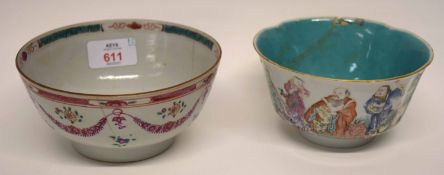 Late 18th century Chinese bowl decorated in famille rose, together with a further bowl of lobed