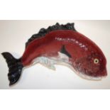 Large pottery bowl shaped as a fish with red and black colours, Pinherro Pottery mark to base