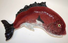 Large pottery bowl shaped as a fish with red and black colours, Pinherro Pottery mark to base