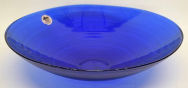 Ekenas Swedish glass bowl, the blue coloured glass with ridged design to exterior, 39cm diam, Ekenas