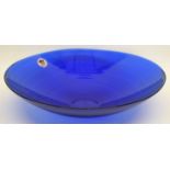 Ekenas Swedish glass bowl, the blue coloured glass with ridged design to exterior, 39cm diam, Ekenas