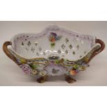 Continental porcelain flower basket with floral encrusted decoration and blue crossed marks to base,