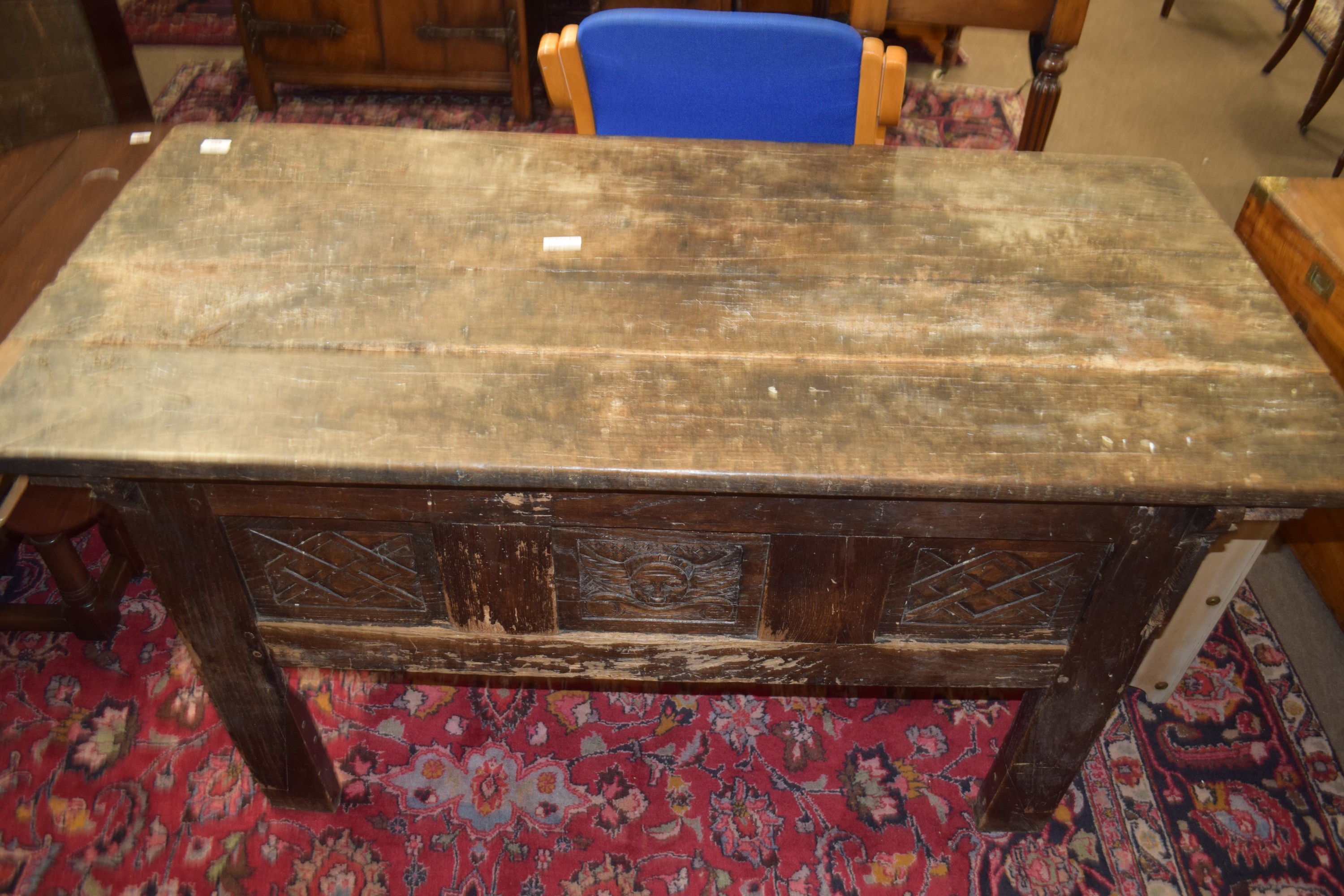 17th/18th century and later oak blanket box raised on stile legs with carved panel and planked - Image 2 of 2