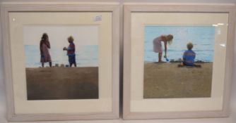 Two paintings of children making sand castles, indistinctly signed lower right, both in white wooden