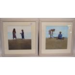 Two paintings of children making sand castles, indistinctly signed lower right, both in white wooden