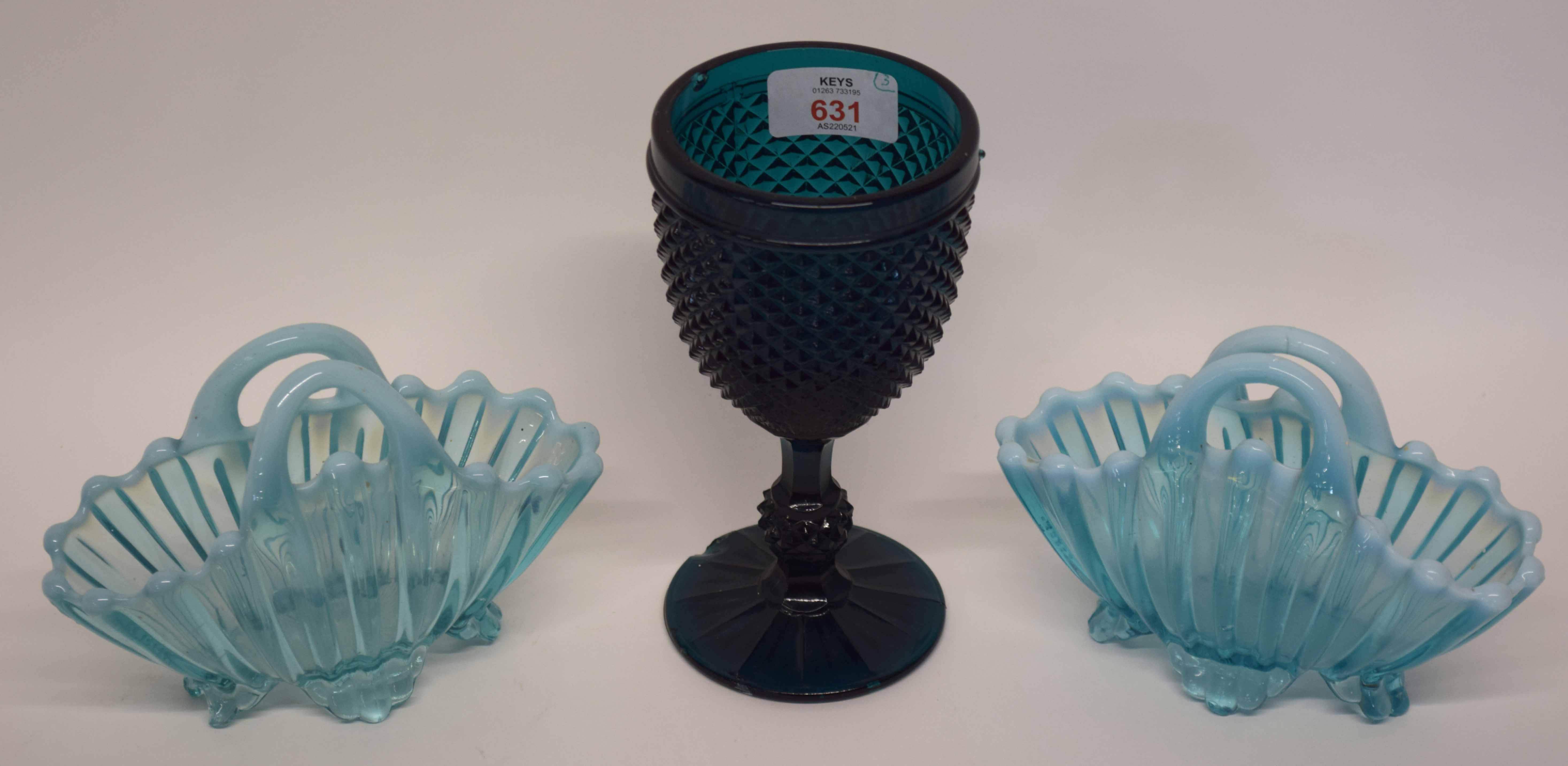 Glass chalice with a hobnail design and faceted stem, in green, together with two small green