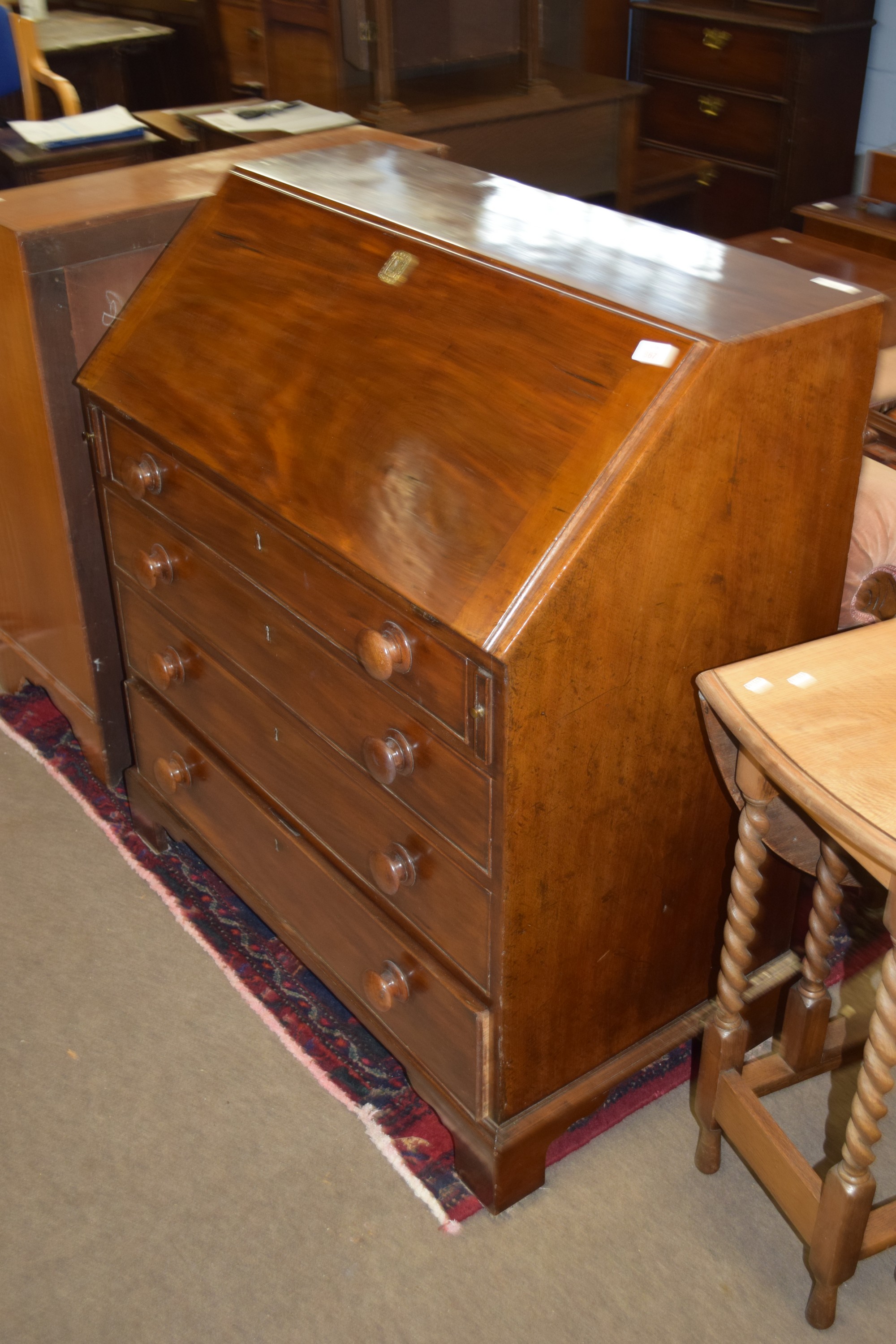 Early 19th century mahogany drop front bureau raised on bracket feet, the fitted fall front interior - Image 2 of 3