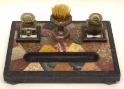 Writing set with two inkwells and plated brush mounted on an onyx base, inlaid with various colours