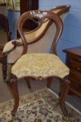 Victorian mahogany balloon back armchair with carved detail, height approx 87cm