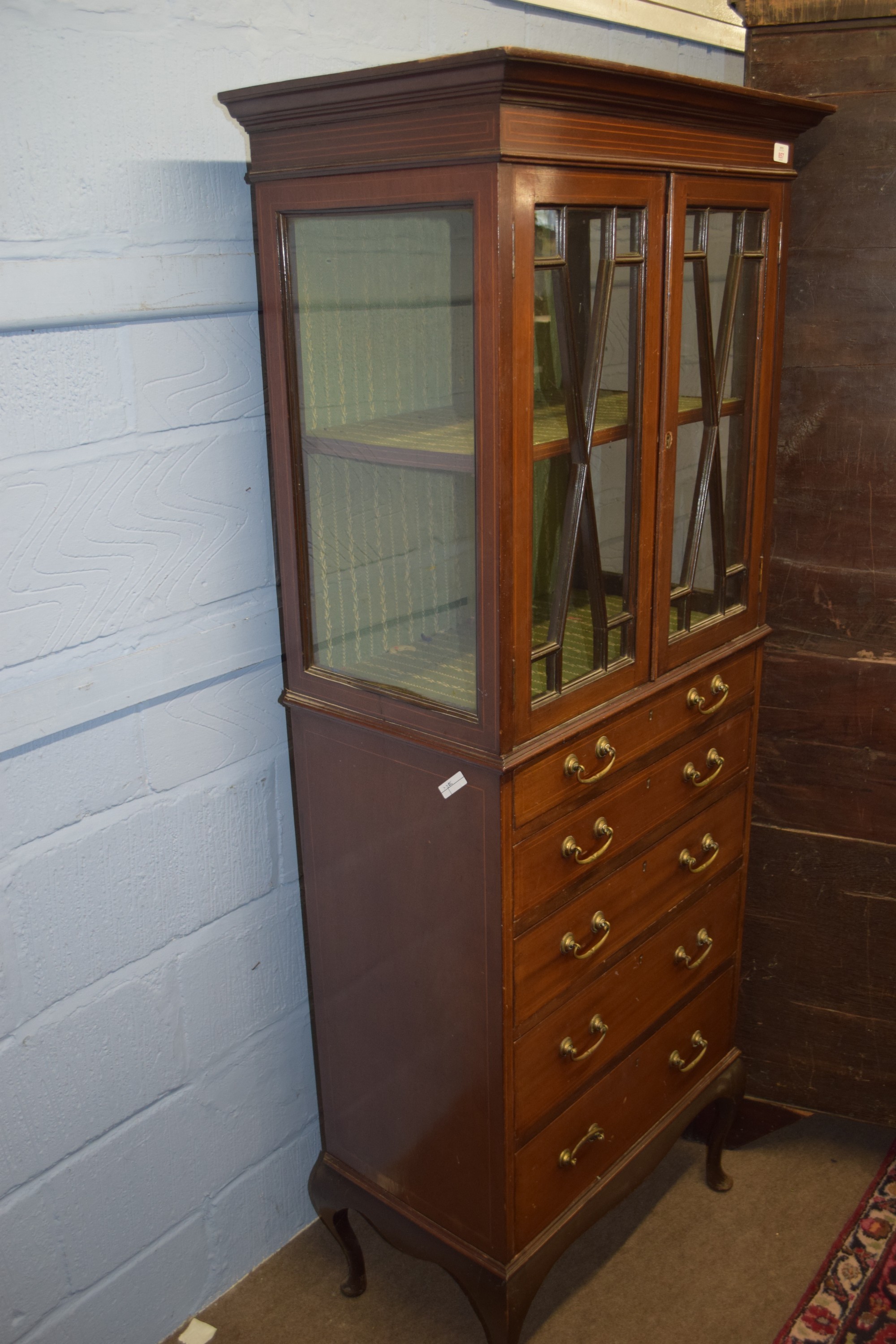 Edwardian chest of five drawers with astragal glazed display cabinet above, raised on cabriole feet, - Image 2 of 2