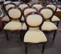 Set of eight upholstered Victorian mahogany balloon back dining chairs, each width 50cm approx