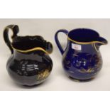 Two early to mid 19th century pottery jugs, one with blue ground and inscription in gilt dated 1859,