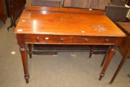 19th century mahogany side table with two inset drawers raised on ring turned legs, width approx 107