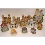 Quantity of Staffordshire wares modelled as castles, two pastille burners modelled as houses (