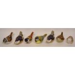 Group of Royal Crown Derby paperweights with gold stoppers, modelled as various birds (7)