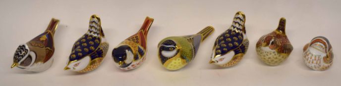 Group of Royal Crown Derby paperweights with gold stoppers, modelled as various birds (7)