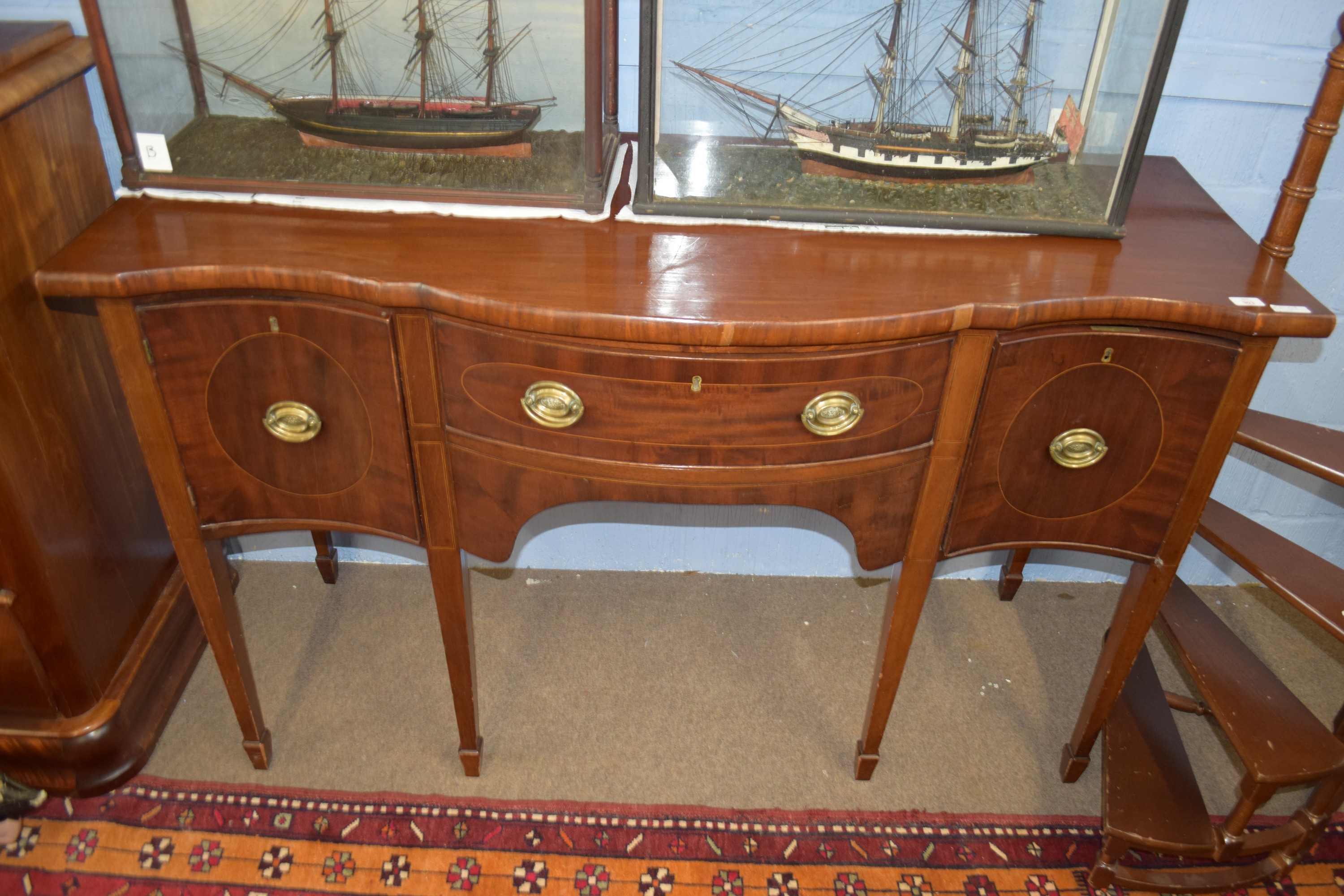 Early 20th century serpentine sideboard raised on tapered legs with strung decoration, length approx - Image 2 of 2