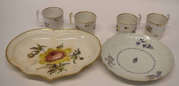 Quantity of English ceramics comprising four Derby coffee cans with sprigged design and ear shaped