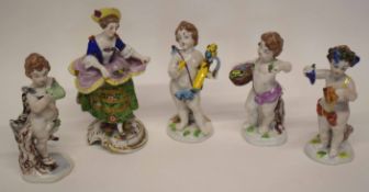 Group of five Continental porcelain figures, four of putti, allegorical of the Arts, and a further