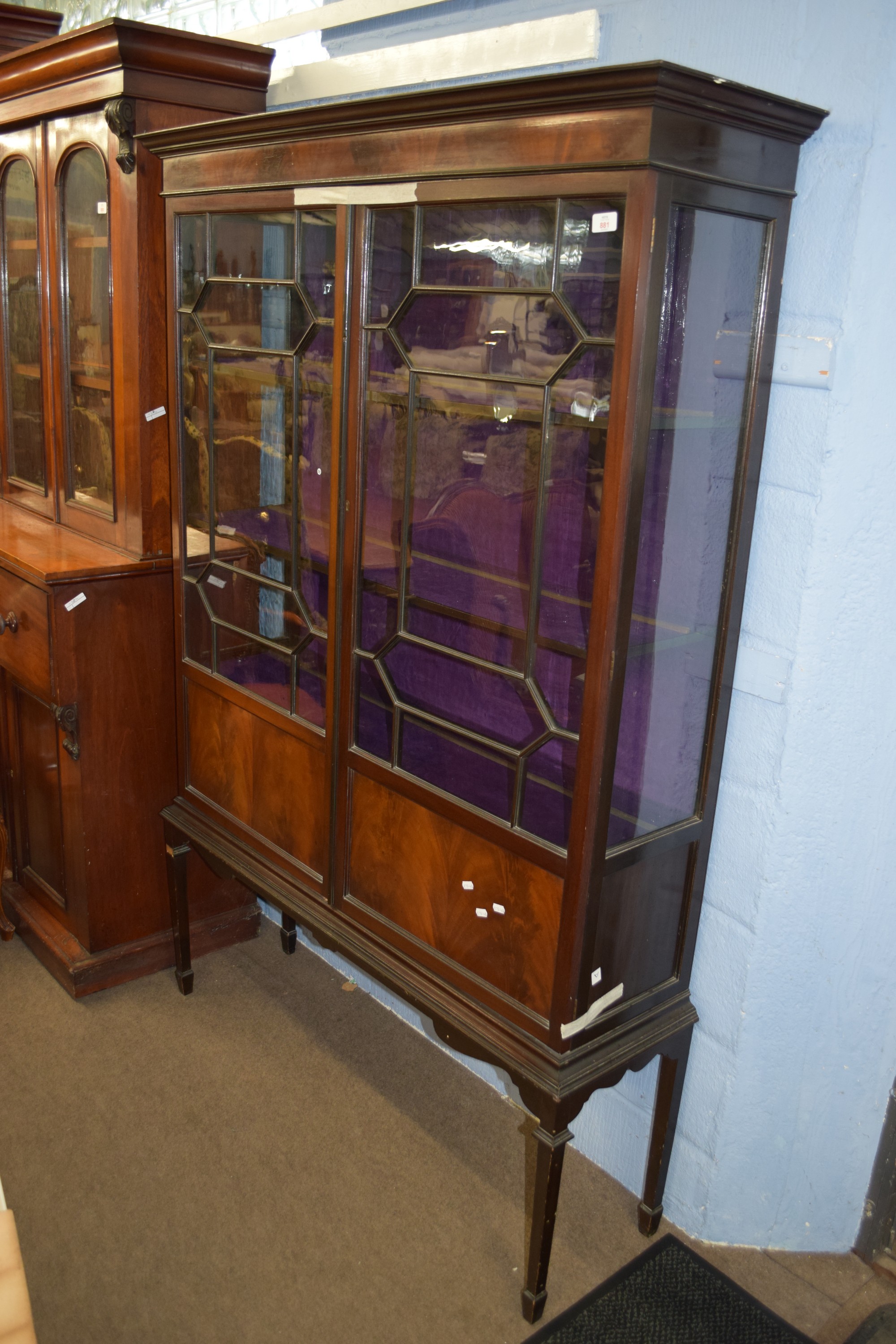 Edwardian mahogany display case or china cabinet, raised on tapered legs with astragal glazing,