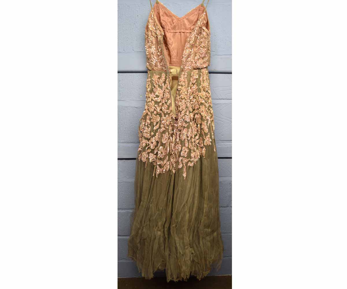 Beige net cocktail dress, with pink gilt design, label for Simone London - Image 2 of 2