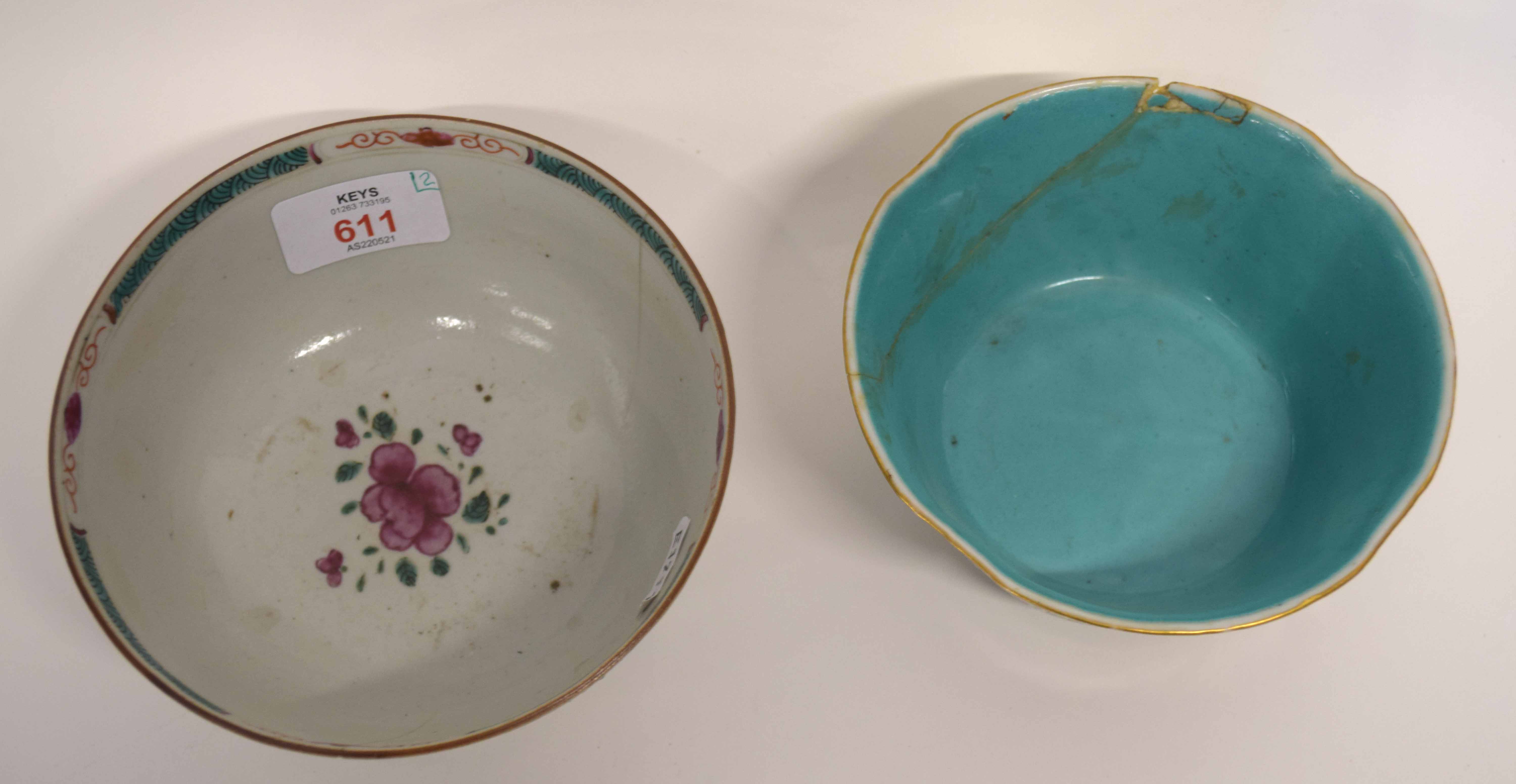 Late 18th century Chinese bowl decorated in famille rose, together with a further bowl of lobed - Image 2 of 3