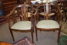 Pair of Edwardian mahogany upholstered tub chairs with strung decoration, width approx 55cm max