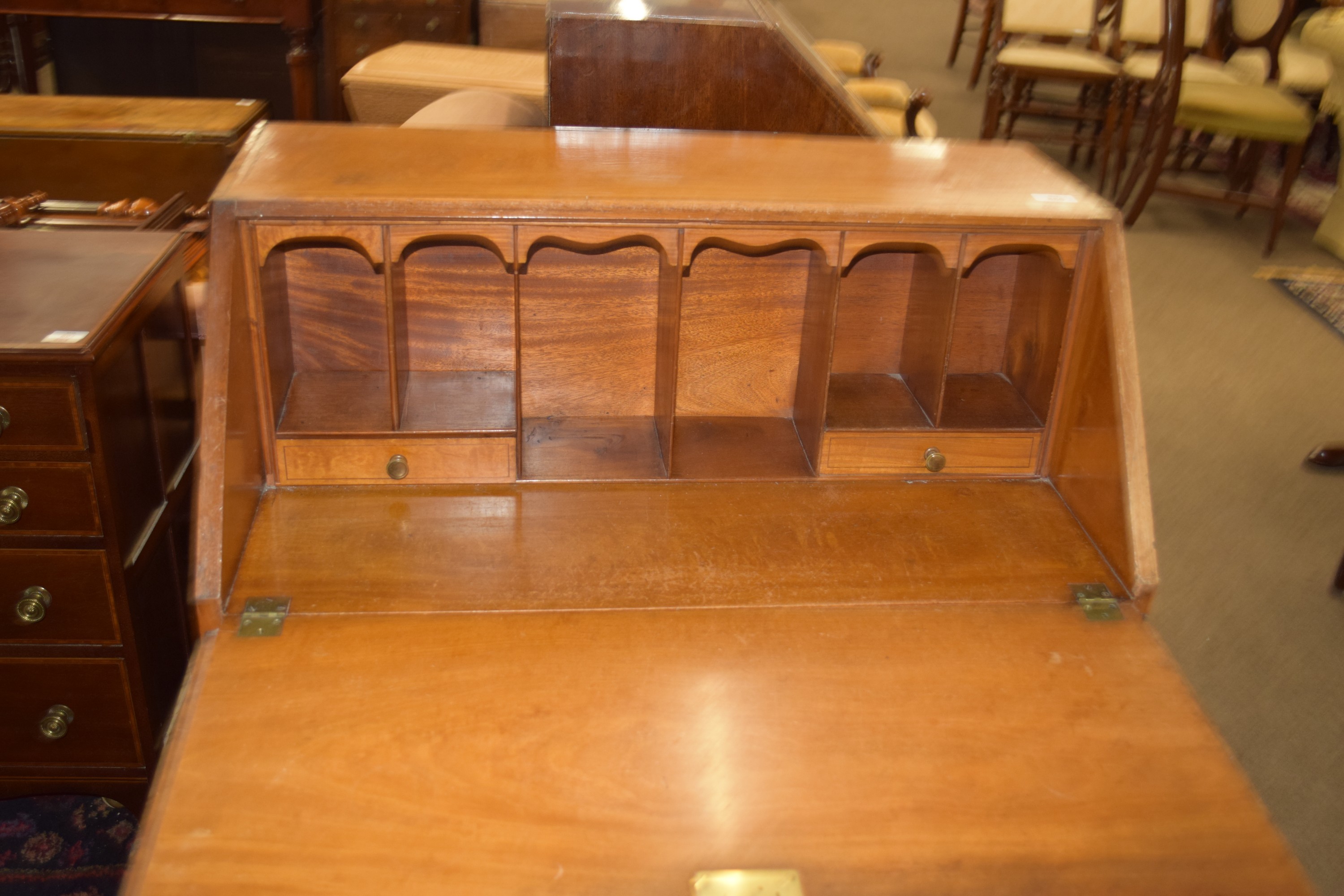 19th century satinwood fall front bureau, with fitted interior over three drawers raised on - Image 2 of 3