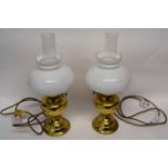 Brass oil lamp converted for electricity, plus two white shades