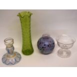 Group of glass wares including a large tapered green glass vase, a glass bowl and vase with speckled