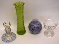 Group of glass wares including a large tapered green glass vase, a glass bowl and vase with speckled