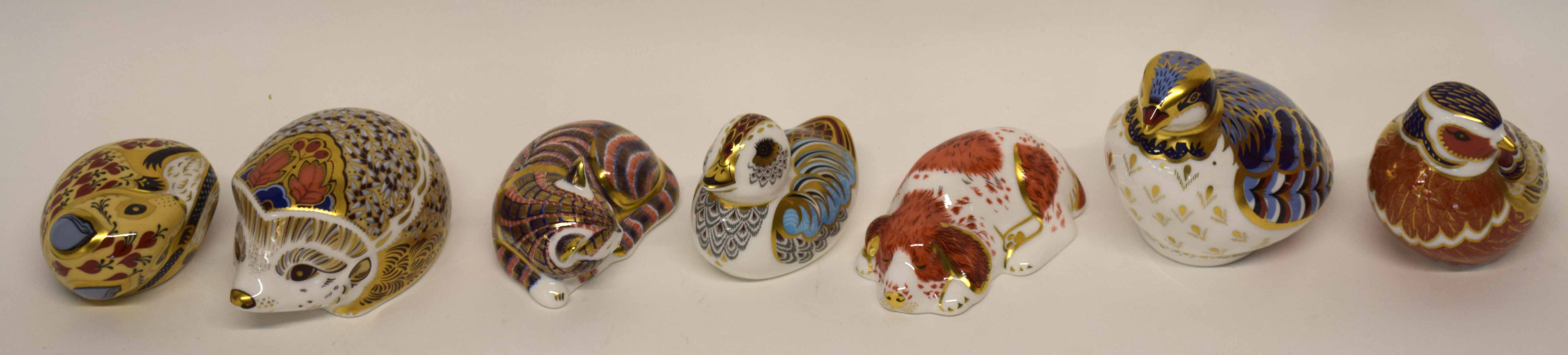 Group of Royal Crown Derby paperweights with gold stoppers, modelled as various small animals -