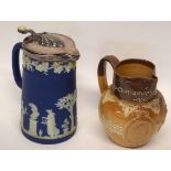 Wedgwood style jasperware jug with blue and white figures together with a Royal Doulton stoneware