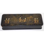 Chinese rectangular box and cover with gilt lacquer decoration to top, with Chinese figures beside a