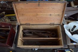 WOODEN TOOLBOX AND CONTENTS TO INCLUDE VARIOUS LARGE WRENCHES ETC