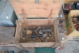 WOODEN TOOLBOX AND CONTENTS TO INCLUDE VARIOUS WRENCHES, BRACES ETC