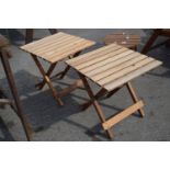 PAIR OF FOLDING TEAK EFFECT GARDEN TABLES, SQUARE