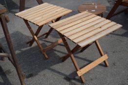 PAIR OF FOLDING TEAK EFFECT GARDEN TABLES, SQUARE