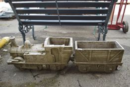 COMPOSITION PAIR OF GARDEN PLANTERS FORMED AS STEAM ENGINE AND TENDER