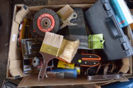 BOX CONTAINING VARIOUS TOOLS AND GARAGE CLEARANCE SUNDRIES