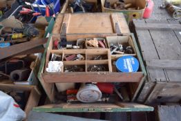 WOODEN TOOLBOX AND CONTENTS TO INCLUDE IRONMONGERY ETC
