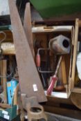BOX CONTAINING VARIOUS TOOLS TOGETHER WITH VINTAGE BOAT LAMP