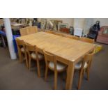 LARGE MODERN DINING TABLE WITH CENTRAL LEAF, TOGETHER WITH SET OF EIGHT ASSOCIATED CHAIRS IN CREAM