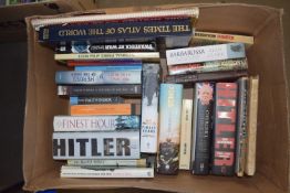 BOX OF MIXED BOOKS - FINEST HOUR, HEROES OF THE SKY, THE TIMES ATLAS OF THE WORLD ETC