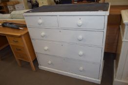 OVERPAINTED WHITE TWO OVER THREE DRAWER CHEST WITH TURNED HANDLES, 105CM WIDE