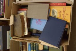 BOX OF MIXED BOOKS - HOW TO STUDY PICTURES, THOMAS HARDY WESSEX HEIGHTS, A SILVER PLATED SPOON ETC