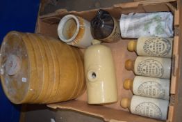 BOX CONTAINING STONEWARE TYPE JARS AND FURTHER LEE & GREEN LTD CHAMPION BREW GINGER BEER BOTTLES
